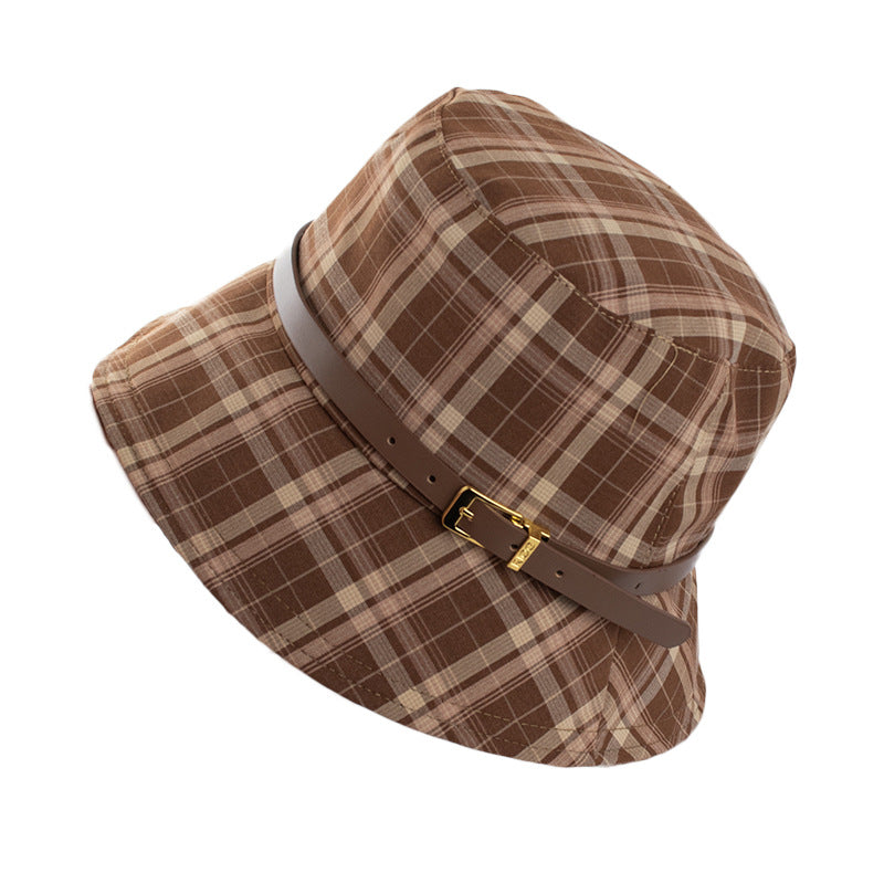 Wholesale British Vintage Plaid Fisherman Hat Children's Belt Buckle Sun Protection Basin Hat Face Showing Small Sun Hat